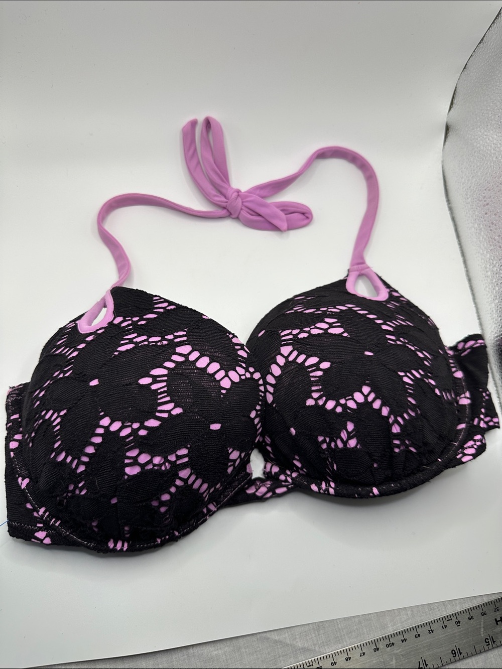 Victoria’s Secret Black Lace Overlay Purple Bikini Top -Push-up size 36C